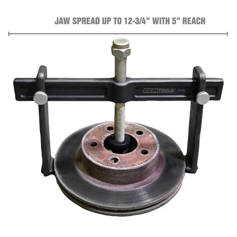 Powerful Brake Drum Puller And Rotor Removal Tool displaying jaw spread with 5" reach for removing hubs, drums, and brake rotors