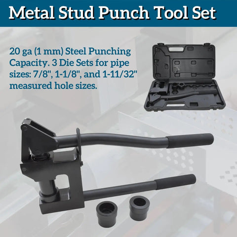 Manual Lever Sheet Metal Hole Punch Kit for 20Gauge Steel with 7/8 Inch, 1-1/8 Inch, and 1-11/32 Inch Dies displayed in case