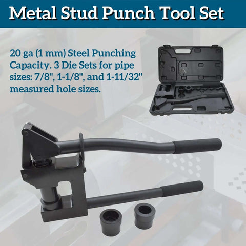 Workhorse Manual Metal Stud Punch Tool Kit for 20 Gauge Sheet Metal, aluminum head, 3 dies, with carrying case, for cabinet fabrication.