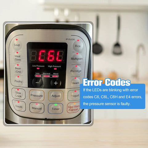 Close-up of pressure cooker display showing error for Two Pack Universal Pressure Sensor Replacement For Instant Pot Power Cooker Cuisinart Farberware Gourmia And Other Major Brands General Sensor Or Switch For Reliable Temperature And Pressure Control.
