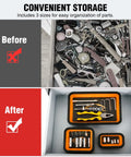 Before and after showing Orange Silicone Collapsible Magnetic Parts Tray Set In Three Sizes, organizing tools in drawer.