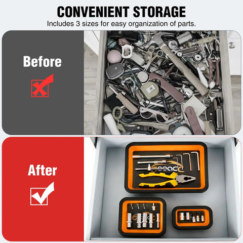Before and after showing Orange Silicone Collapsible Magnetic Parts Tray Set In Three Sizes, organizing tools in drawer.