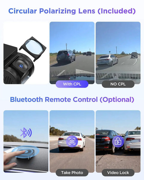 A119M Pro Slick 4K HDR Mini Dash Cam with circular polarizing lens and Bluetooth remote control option.