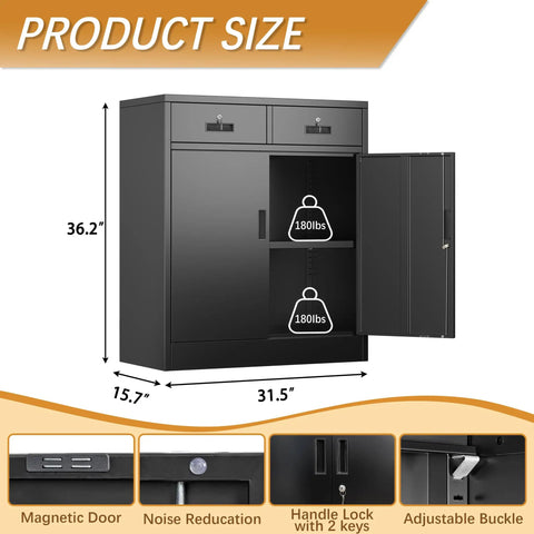 Heavy Duty Steel Storage Cabinet With Locking Doors And Two Drawers For Home Office Garage And School Use 36 Inch Tall Black Metal Cabinet