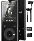 90GB MP3 Player With Bluetooth 5.3 Expandable To 256GB With Dual TF Card Slots for thousands of songs, image showing device front and accessories