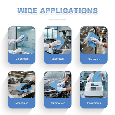 Wide applications of Hella Absorbent Heavy Duty Cleaning Cloths Jumbo Roll In Royal Blue for cleanrooms, laboratories, mechanics, and electronics.
