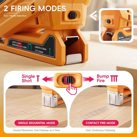 Badass Three In One Cordless Staple Gun And Brad Nailer showing two firing modes for versatile fastening on wood.