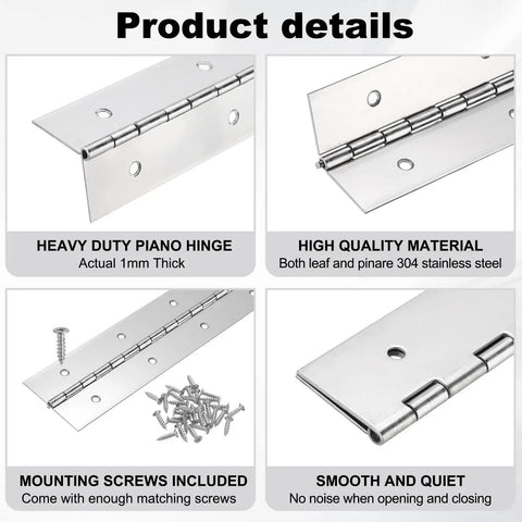Heavy Duty Piano Hinge 24 X 2 Inch 304 Stainless Steel Continuous Hinge 2 Pack showing product details and installation screws.