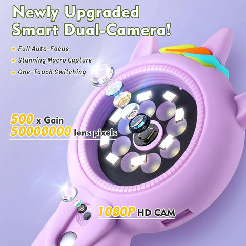 500X Handheld Microscope For Curious Explorers With Dual Camera, Switch Between Microscope And Photo Modes, Capture Clear Photos Or Short Videos For Homework, TF Card Required, Purple Finish For Dope Learning, purple handheld microscope front view