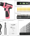 Pink 8V Cordless Drill And Screwdriver Combo Kit With 43 Piece Slick Accessory Bundle Featuring Bright Led Light For Zero Fuss Woodworking Projects Perfect For Weekend Warriors including accessories.