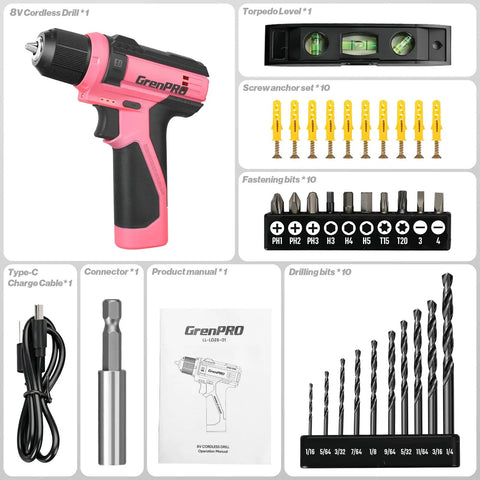Pink 8V Cordless Drill And Screwdriver Combo Kit With 43 Piece Slick Accessory Bundle Featuring Bright Led Light For Zero Fuss Woodworking Projects Perfect For Weekend Warriors including accessories.