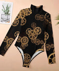 Snag This Retro Industrial Gear Bodysuit For Women With A Cool Mock Turtleneck, long sleeves, stretchy black fabric, ideal for stylish casual wear.