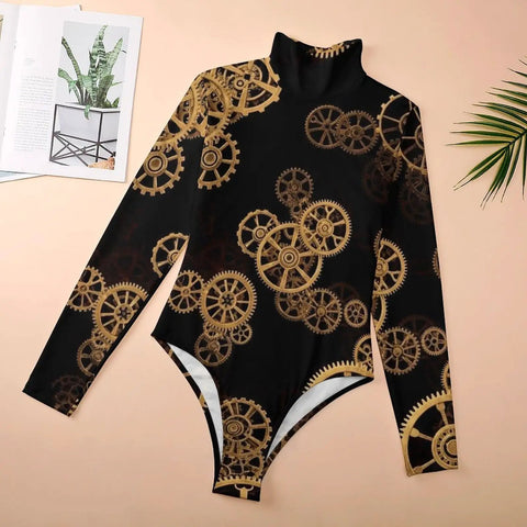 Snag This Retro Industrial Gear Bodysuit For Women With A Cool Mock Turtleneck, long sleeves, stretchy black fabric, ideal for stylish casual wear.