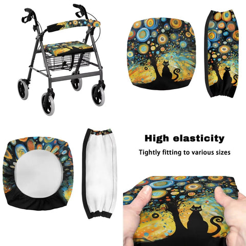 Black Cat Walker Seat Cover And Backrest Cover With Foldable Starry Night Storage Bag 3 Piece Soft Mobility Gear showing cover details