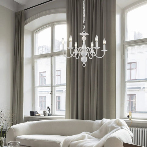French Country Chandelier 6 Light Modern Farmhouse Vibe For Dining Room And Kitchen, Rustic White Metal Candle Style Pendant Light For Bedroom