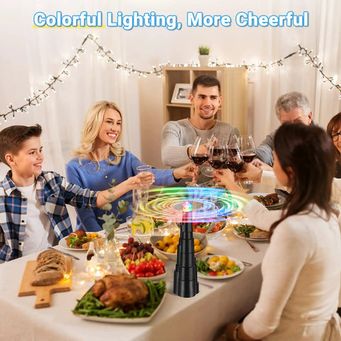 Family dining with Rechargeable Fly Fans for Tables With LED Light for Outdoor Dining, Picnics, and Parties on table.