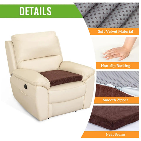 Comfy Long Sitting Recliner Cushion For Elderly Seniors 20x20x3 Inch Thick Foam Seat Pad in coffee color on cream recliner
