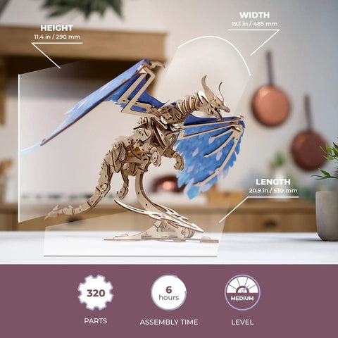 Windstorm Dragon Model Kit 3D Mechanical Puzzle With Rubber Band Motor For Adults To Build Fun Brain Teaser Hobby Kit That Lets The Wings And Body Animate In Realistic Flight Motion. 320-piece dragon model, 11.4 x 19.1 x 20.9 in