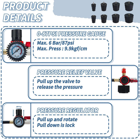 Front view of turbo boost leak tester kit with 0-87 psi gauge, relief valve, regulator, and four adapter pairs.