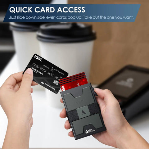 Hands holding Ultra Slim Card Holder For Men With Pop Up Wallet RFID Blocking Minimalist Wallet in dark green and black.