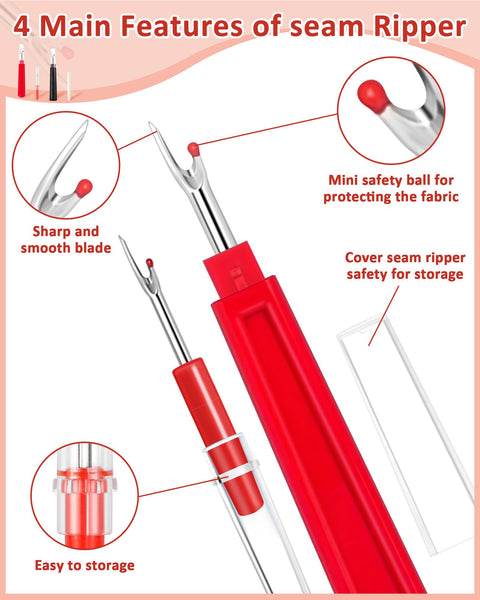 Seam Ripper Set For Sewing With Four Piece Dual Style Kit Two Large And Two Small Stitch Removers Thread Snips Included.