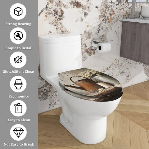 Elongated Toilet Seat Farmhouse with floral design, fitting standard toilets, easy to clean, and simple to install.