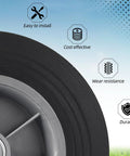 Close-up of Two Pack 10 Inch Flat Free Solid Rubber Tire And Wheel Assembly showcasing ease of install, cost effectiveness, and durability.