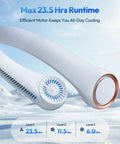 Close-up of Hands Free Portable Neck Fan With 72 Air Vents Delivers 360 Degree Cooling Rechargeable Battery Lasts Up To 23.5 Hours