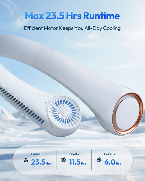 Close-up of Hands Free Portable Neck Fan With 72 Air Vents Delivers 360 Degree Cooling Rechargeable Battery Lasts Up To 23.5 Hours