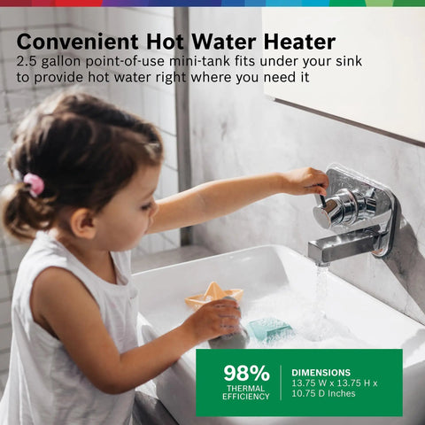Child using sink with Electric Mini-Tank Water Heater Tronic 3000 T 2.5 Gallon ES2.5 Hot Water On Tap Fast Under Sink