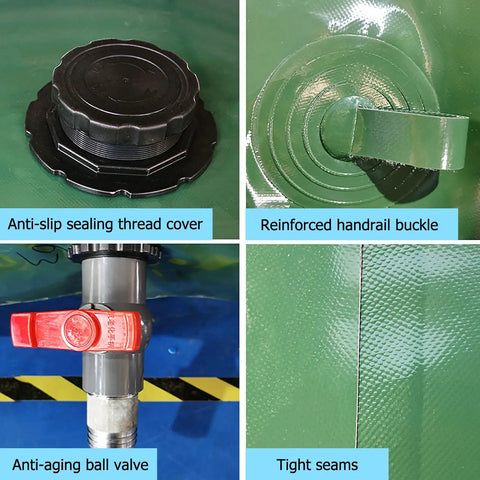 Collapsible Outdoor Water Storage Bag For Garden Farm And Livestock Use, Green PVC Water Bladder Tank details, valve and seams