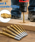 Top Shelf Eight Piece HSS Step Drill Bit Set With Titanium Coating And Hex Shank, drilling into wood for precise holes.