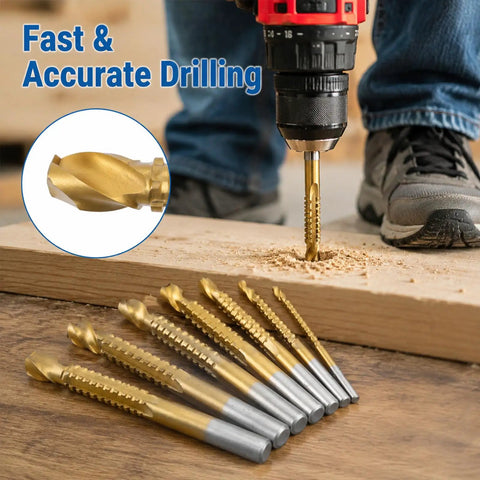 Top Shelf Eight Piece HSS Step Drill Bit Set With Titanium Coating And Hex Shank, drilling into wood for precise holes.