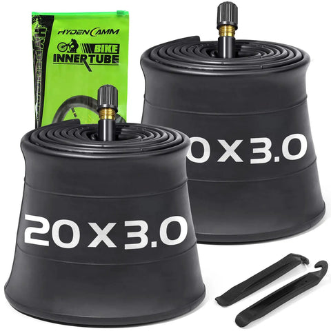 2 Pack Fat Tire Bike Inner Tubes 20x3.0 20x3.3 20x3.5 with Schrader Valve and 2 Tire Levers displayed on white background