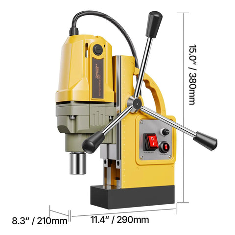 Heavy Duty Magnetic Drill Press With 1400W Copper Motor For Unstoppable Power And Precision side view with dimensions.
