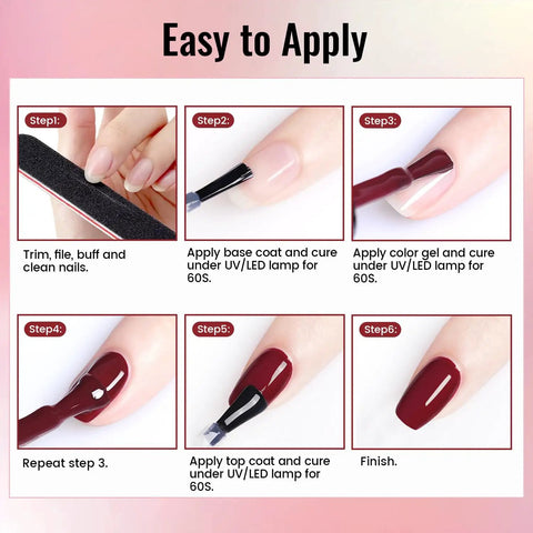 Step-by-step application guide for Dope Gel Nail Polish Kit With UV Light Four Functional Adhesive Bottles Plus Base Coat No Wipe Top Coat.