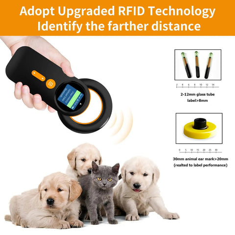 Pet Microchip And RFID Scanner With 1.44 Inch Color Display held over pets, showcasing veterinary use and RFID technology adoption.