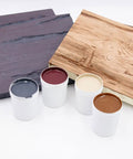 4 Oz Champagne Mist Touch Up Paint Kit For Faux Wood Beams And Trim includes paint containers and wood samples.