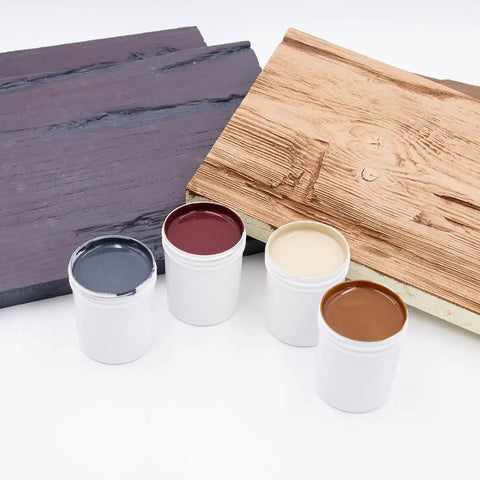 4 Oz Champagne Mist Touch Up Paint Kit For Faux Wood Beams And Trim includes paint containers and wood samples.