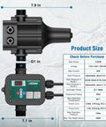 Smart Adjustable Pressure Switch For Well Pumps With Auto Dry Run Protection image with dimensions and specs, rust-resistant build.