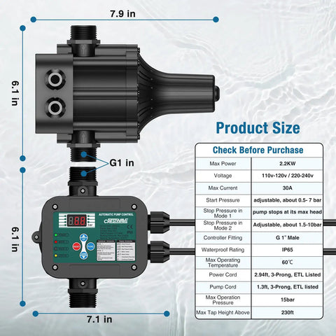Smart Adjustable Pressure Switch For Well Pumps With Auto Dry Run Protection image with dimensions and specs, rust-resistant build.