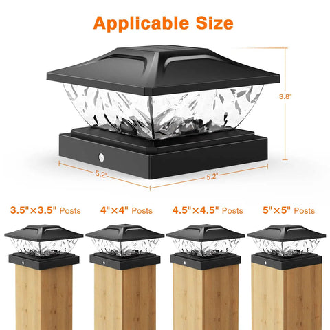 Solar Powered Post Cap Lights 6 Pack With Dual Mode Cool White And Warm White, fits 3.5x3.5 to 5x5 posts, sleek black design