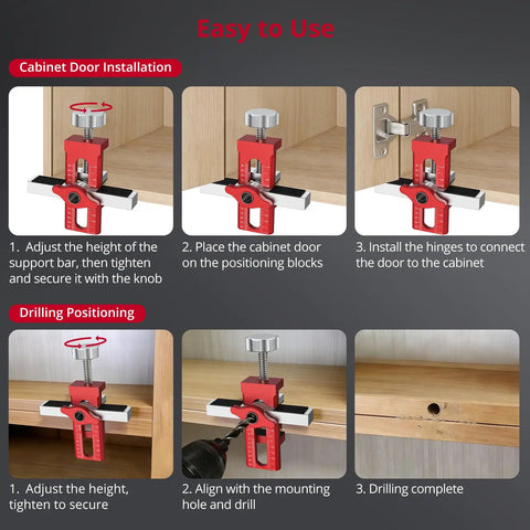 Adjustable Cabinet Door Installation Jig Featuring Dual Imperial And Metric Markings Dead Nuts Accurate Mounting Positioning Tool For Home Renovations Solid Aluminum Frame shown in use for precise cabinet door alignment.