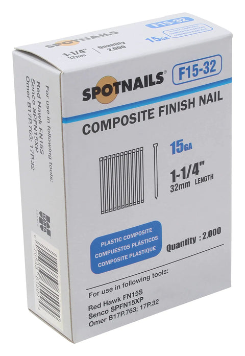 Box of 15 Gauge Plastic Composite Finish Nails 1-1/4 Inch, 2000 Count, displayed with product details on packaging