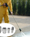 Side view of a yellow-suited worker using a pressure washer; inset shows 1/4 in stainless steel quick-connect fittings (F/M NPT).