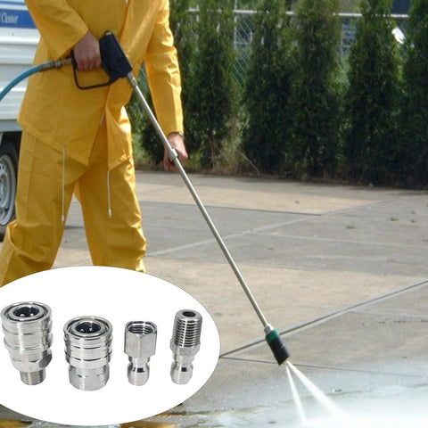 Side view of a yellow-suited worker using a pressure washer; inset shows 1/4 in stainless steel quick-connect fittings (F/M NPT).