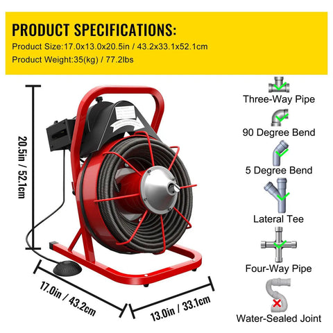 Heavy Duty Electric Drain Auger Kit With Cutter And Anti Slip Glove showing product specifications and dimensions.