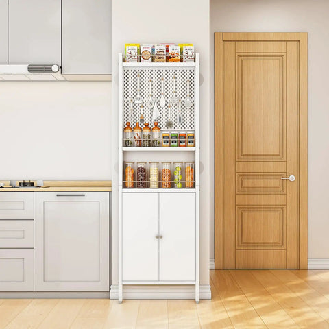 Behind-Door Organizer Cabinet Shelf Rack With Two Pegboard Panels For Garage And Garden Tool Storage, Tall Floor-Standing Metal Organizer in kitchen