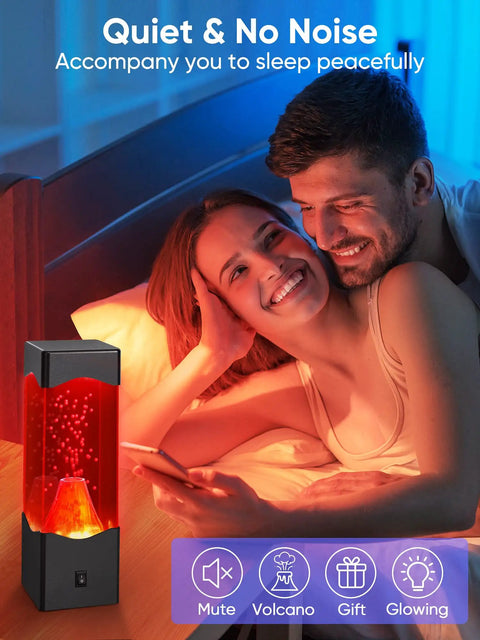 USB Powered Volcano Night Light For Kids And Adults next to couple, relaxing mood lamp in bedroom setting, soft LED glow