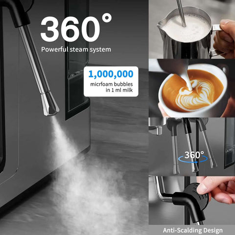 20 Bar Espresso Machine With Hot Brew And Rapid Cold Brew, Stainless steel milk frother steam wand detail and microfoam